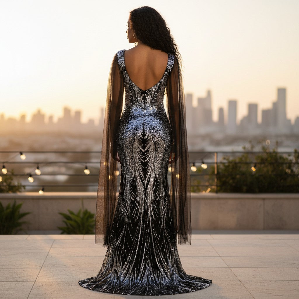 Sequined Evening Dress with Dramatic Sheer Sleeves