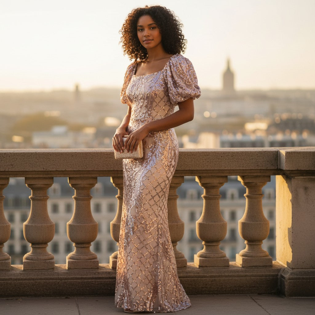 Sequined Party Dress - Rose Gold Radiance