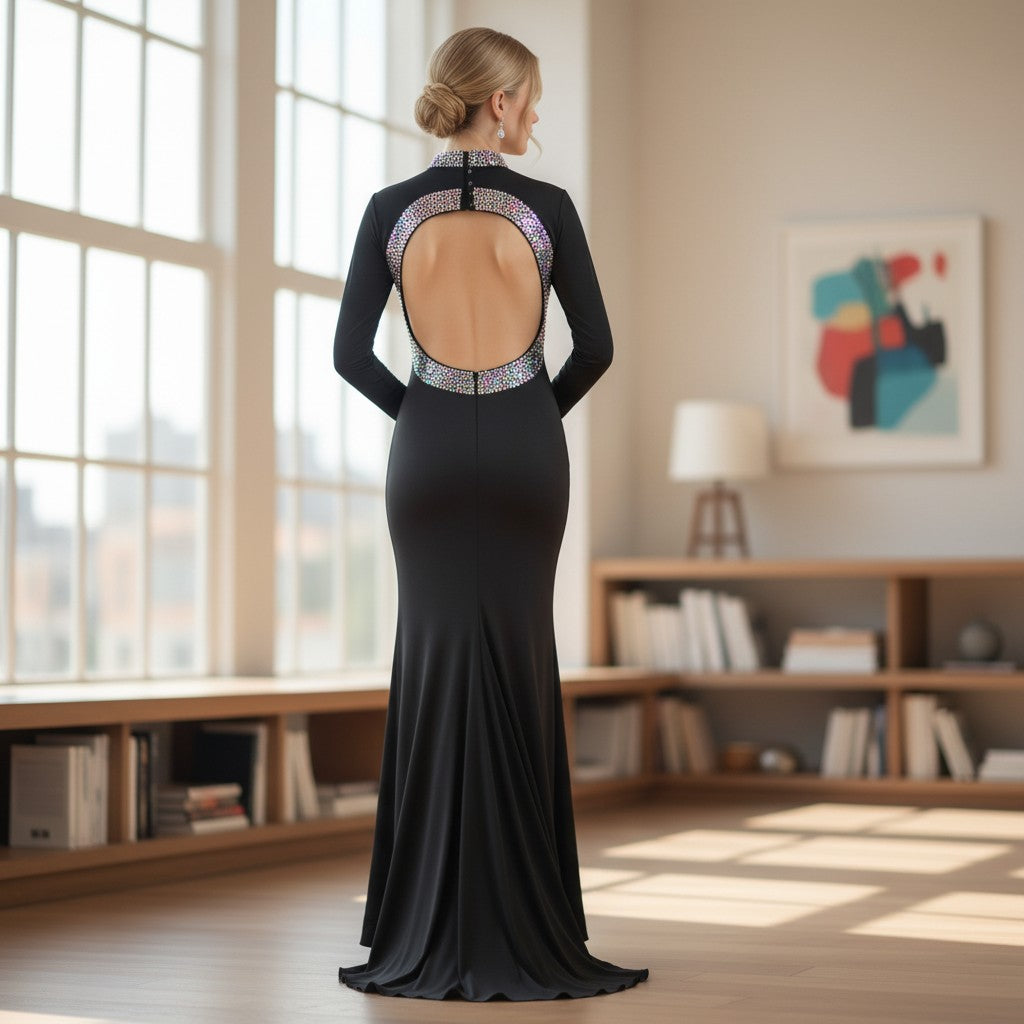 Glamorous Evening Dress with Sparkly Collar and Cuffs