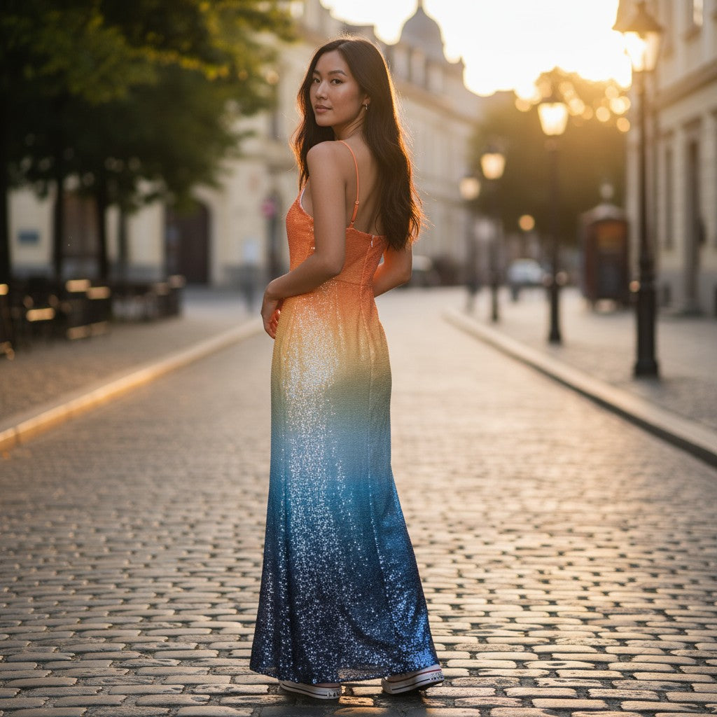 Sunset Dreams Sequin Maxi Dress: Shine & Dine (Missing small row of sequins - could cut short)