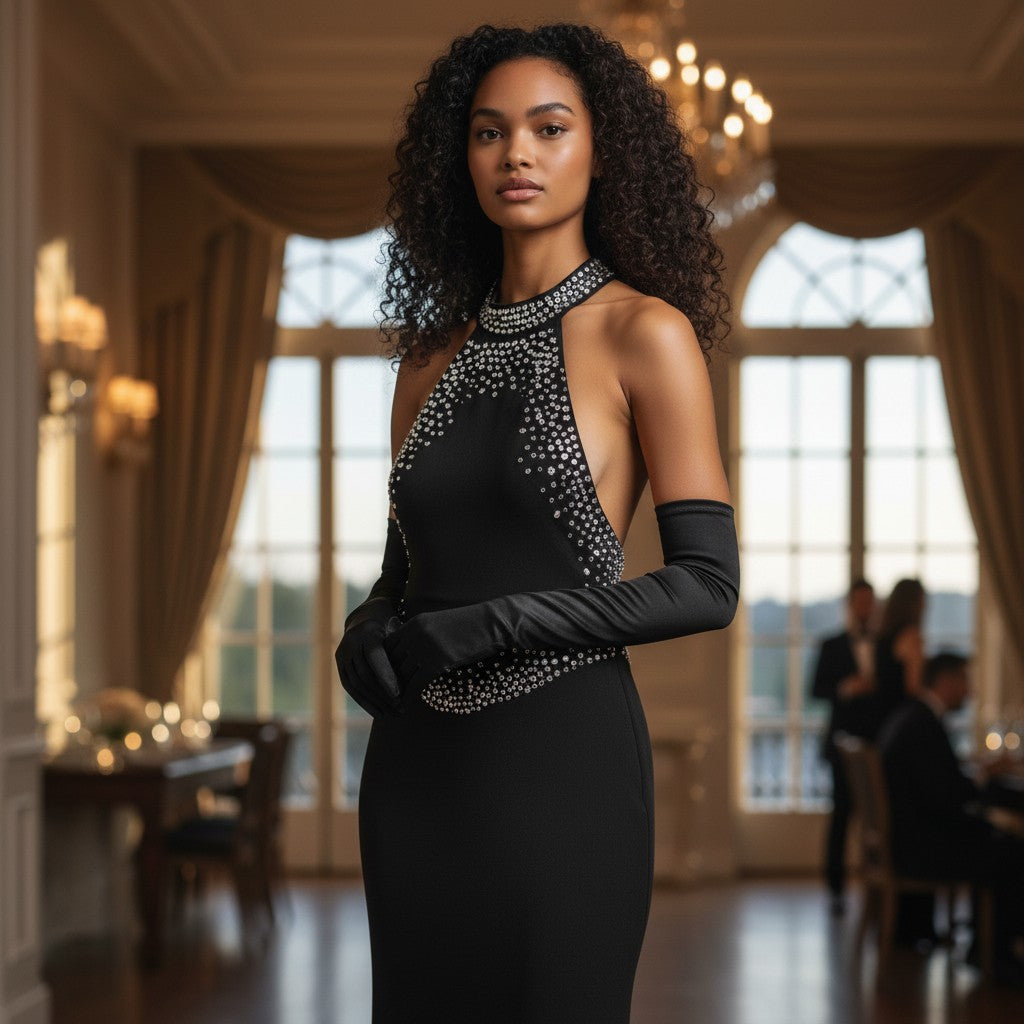 Sparkle & Slay Evening Dress with Rhinestone Collar