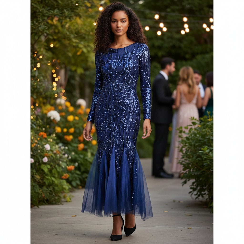 Dazzling Sequin Evening Gown with Tulle Flair