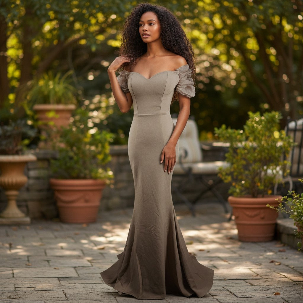 Chic Mirage: Flirty Off-Shoulder Goddess Gown